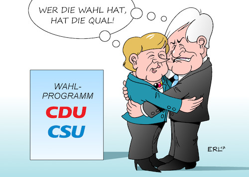 Cartoon: CDU CSU (medium) by Erl tagged cdu,csu,union,bundestagswahl,wahl,wahlprogramm,gemeinsamkeit,geschlossenheit,harmonie,streit,flüchtlingspolitik,flüchtlinge,bundeskanzlerin,angela,merkel,ministerpräsident,bayern,horst,seehofer,obergrenze,sympathie,antipathie,qual,parteifreund,schwesterpartei,karikatur,erl,cdu,csu,union,bundestagswahl,wahl,wahlprogramm,gemeinsamkeit,geschlossenheit,harmonie,streit,flüchtlingspolitik,flüchtlinge,bundeskanzlerin,angela,merkel,ministerpräsident,bayern,horst,seehofer,obergrenze,sympathie,antipathie,qual,parteifreund,schwesterpartei,karikatur,erl