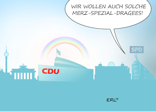 Cartoon: CDU SPD (medium) by Erl tagged politik,landtagswahl,bayern,hessen,verluste,ursache,bundespolitik,grosse,koalition,groko,konsequenz,bundeskanzlerin,angela,merkel,abgabe,cdu,vorsitz,partei,vorsitzende,macht,nachfolger,kandidaten,kramp,karrenbauer,spahn,friedrich,merz,spannung,belebung,spd,neid,starre,andrea,nahles,führungsdiskussion,karikatur,erl,politik,landtagswahl,bayern,hessen,verluste,ursache,bundespolitik,grosse,koalition,groko,konsequenz,bundeskanzlerin,angela,merkel,abgabe,cdu,vorsitz,partei,vorsitzende,macht,nachfolger,kandidaten,kramp,karrenbauer,spahn,friedrich,merz,spannung,belebung,spd,neid,starre,andrea,nahles,führungsdiskussion,karikatur,erl