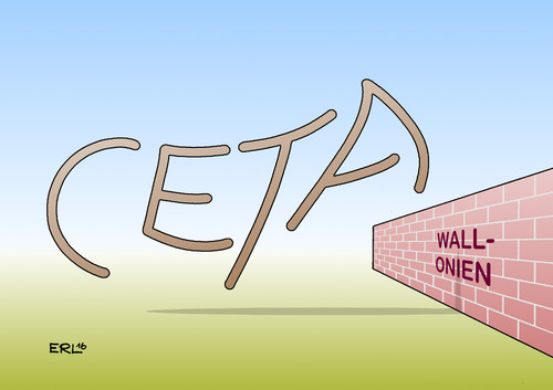 Cartoon: CETA Wallonien (medium) by Erl tagged mauer,wall,hindernis,springreiten,pferd,wallonien,belgien,widerstand,schiedsgerichte,demokratie,verbraucherschutz,gefahr,wachstum,zoll,handel,kanada,eu,freihandelsabkommen,ceta,erl,karikatur,ceta,freihandelsabkommen,eu,kanada,handel,zoll,wachstum,gefahr,verbraucherschutz,demokratie,schiedsgerichte,widerstand,belgien,wallonien,pferd,springreiten,hindernis,wall,mauer,karikatur,erl