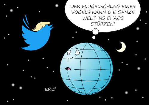 Cartoon: Chaostheorie (medium) by Erl tagged politik,usa,präsident,donald,trump,rechtspopulismus,nationalismus,rassismus,unberechenbarkeit,drohungen,schmeicheleien,gut,böse,narzissmus,twitter,tweet,vogel,botschaft,welt,erde,chaos,chaostheorie,flügelschlag,schmetterling,brasilien,tornado,texas,karikatur,erl,politik,usa,präsident,donald,trump,rechtspopulismus,nationalismus,rassismus,unberechenbarkeit,drohungen,schmeicheleien,gut,böse,narzissmus,twitter,tweet,vogel,botschaft,welt,erde,chaos,chaostheorie,flügelschlag,schmetterling,brasilien,tornado,texas,karikatur,erl