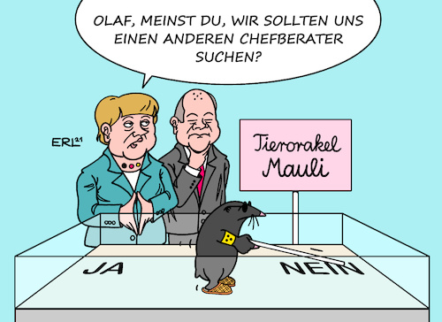 Cartoon: Chefberater der Regierung (medium) by Erl tagged politik,deutschland,regierung,bundesregierung,groko,cdu,csu,spd,krisen,fehleinschätzungen,fehlentscheidungen,wirecard,corona,pandemie,flutkatastrophe,eifel,afghanistan,machtübernahme,taliban,evakuierung,botschaft,personal,ortskräfte,spät,langsam,chefberater,tierorakel,maulwurf,blind,bundeskanzlerin,angela,merkel,vizekanzler,olaf,scholz,politik,deutschland,regierung,bundesregierung,groko,cdu,csu,spd,krisen,fehleinschätzungen,fehlentscheidungen,wirecard,corona,pandemie,flutkatastrophe,eifel,afghanistan,machtübernahme,taliban,evakuierung,botschaft,personal,ortskräfte,spät,langsam,chefberater,tierorakel,maulwurf,blind,bundeskanzlerin,angela,merkel,vizekanzler,olaf,scholz