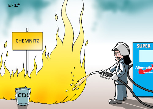 Cartoon: Chemnitz Feuerwehr (medium) by Erl tagged politik,sachsen,angst,fremde,fremdenfeindlichkeit,islamophobie,rechtspopulismus,rechtsextremismus,rassismus,häufung,statistik,chemnitz,hetzjagd,selbstjustiz,hitlergruß,polizei,innenministerium,regierung,cdu,feuer,löschen,eimer,pegida,npd,afd,brandstifter,brandbeschleuniger,benzin,gauland,feuerwehr,feuerwehrmann,karikatur,erl,politik,sachsen,angst,fremde,fremdenfeindlichkeit,islamophobie,rechtspopulismus,rechtsextremismus,rassismus,häufung,statistik,chemnitz,hetzjagd,selbstjustiz,hitlergruß,polizei,innenministerium,regierung,cdu,feuer,löschen,eimer,pegida,npd,afd,brandstifter,brandbeschleuniger,benzin,gauland,feuerwehr,feuerwehrmann,karikatur,erl