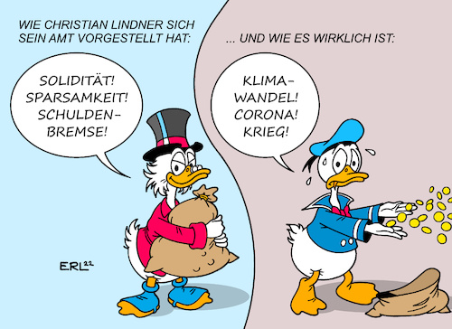 Cartoon: Christian Lindner (medium) by Erl tagged politik,finanzen,finanzminister,christian,lindner,fdp,ideale,solidität,sparsamkeit,schuldenbremse,realität,klimawandel,corona,krieg,russland,ukraine,bundeswehr,dagobert,donald,duck,geld,karikatur,erl,politik,finanzen,finanzminister,christian,lindner,fdp,ideale,solidität,sparsamkeit,schuldenbremse,realität,klimawandel,corona,krieg,russland,ukraine,bundeswehr,dagobert,donald,duck,geld,karikatur,erl