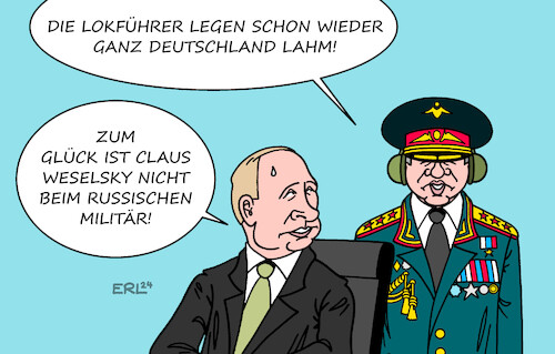 Cartoon: Claus Weselsky (medium) by Erl tagged politik,verkehr,bahn,lokführer,streik,gewerkschaft,gdl,chef,claus,weselsky,kompromisslos,stur,fahrgäste,genervt,deutschland,lahmlegen,abhören,taurus,russland,geheimdienst,diktator,wladimir,putin,verteidigungsminister,sergei,schoigu,militär,karikatur,erl,politik,verkehr,bahn,lokführer,streik,gewerkschaft,gdl,chef,claus,weselsky,kompromisslos,stur,fahrgäste,genervt,deutschland,lahmlegen,abhören,taurus,russland,geheimdienst,diktator,wladimir,putin,verteidigungsminister,sergei,schoigu,militär,karikatur,erl