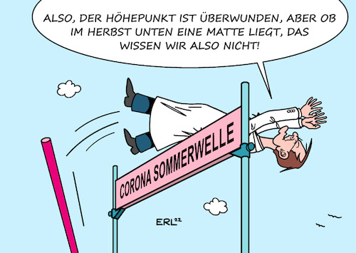 Cartoon: Corona Sommerwelle (medium) by Erl tagged politik,corona,virus,pandemie,covid19,omikron,welle,sommer,2022,sommerwelle,höhepunkt,überschritten,gesundheitsminister,karl,lauterbach,spd,herbst,stabhochsprung,stab,hürde,matte,karikatur,erl,politik,corona,virus,pandemie,covid19,omikron,welle,sommer,2022,sommerwelle,höhepunkt,überschritten,gesundheitsminister,karl,lauterbach,spd,herbst,stabhochsprung,stab,hürde,matte,karikatur,erl