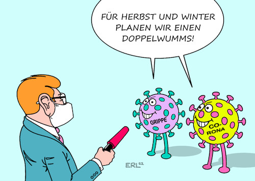 Cartoon: Corona und Grippe (medium) by Erl tagged politik,corona,virus,pandemie,covid19,welle,herbst,winter,gefahr,doppelwelle,grippe,überlastung,krankenhäuser,doppelwumms,karikatur,erl,politik,corona,virus,pandemie,covid19,welle,herbst,winter,gefahr,doppelwelle,grippe,überlastung,krankenhäuser,doppelwumms,karikatur,erl