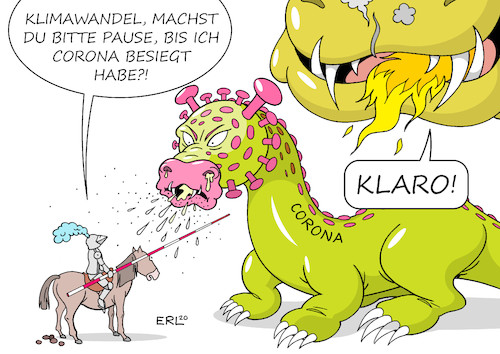 Cartoon: Corona und Klimawandel (medium) by Erl tagged politik,corona,pandemie,virus,covid19,lockdown,suche,impfstoff,medikament,kampf,klimawandel,erderwärmung,gleichzeitig,wunsch,pause,ritter,drache,karikatur,erl,politik,corona,pandemie,virus,covid19,lockdown,suche,impfstoff,medikament,kampf,klimawandel,erderwärmung,gleichzeitig,wunsch,pause,ritter,drache,karikatur,erl