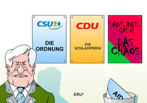 Cartoon: CSU (medium) by Erl tagged csu,partei,bayern,parteitag,kurs,programm,die,ordnung,konservativ,rechts,flüchtlingspolitik,obergrenze,streit,cdu,feindbild,links,spd,linke,grüne,rot,grün,konkurrenz,afd,rechtspopulismus,fremdenfeindlichkeit,karikatur,erl,csu,partei,bayern,parteitag,kurs,programm,die,ordnung,konservativ,rechts,flüchtlingspolitik,obergrenze,streit,cdu,feindbild,links,spd,linke,grüne,rot,grün,konkurrenz,afd,rechtspopulismus,fremdenfeindlichkeit,karikatur,erl