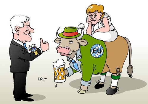 Cartoon: CSU EU (medium) by Erl tagged csu,bayern,partei,eu,kritik,kritisch,veränderung,bayrisch,tracht,regional,bundeskanzlerin,angela,merkel,europa,stier,horst,seehofer,bier,maß,csu,bayern,partei,eu,kritik,kritisch,veränderung,bayrisch,tracht,regional,bundeskanzlerin,angela,merkel,europa,stier,horst,seehofer,bier,maß