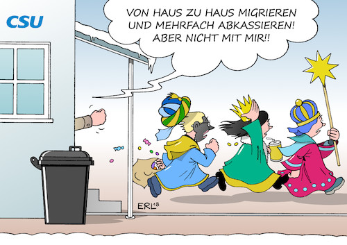 Cartoon: CSU Migranten (medium) by Erl tagged csu,partei,bayern,vorschläge,flüchtlingspolitik,flüchtlinge,flucht,migration,migranten,abschreckung,abschottung,kürzungen,angst,landtagswahlen,verlust,absolute,mehrheit,einzug,landtag,afd,weihnachten,heilige,drei,könige,weise,morgenland,brauchtum,sternsinger,sammeln,geld,haus,karikatur,erl,csu,partei,bayern,vorschläge,flüchtlingspolitik,flüchtlinge,flucht,migration,migranten,abschreckung,abschottung,kürzungen,angst,landtagswahlen,verlust,absolute,mehrheit,einzug,landtag,afd,weihnachten,heilige,drei,könige,weise,morgenland,brauchtum,sternsinger,sammeln,geld,haus,karikatur,erl