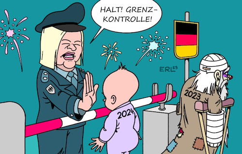 Cartoon: Datumsgrenze (medium) by Erl tagged politik,jahreswechsel,2023,2024,silvester,neujahr,jahr,alt,neu,grenze,grenzkontrolle,innenministerin,nancy,faeser,schlagbaum,greis,baby,karikatur,erl,politik,jahreswechsel,2023,2024,silvester,neujahr,jahr,alt,neu,grenze,grenzkontrolle,innenministerin,nancy,faeser,schlagbaum,greis,baby,karikatur,erl