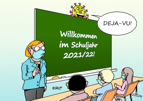 Cartoon: Deja-vu (medium) by Erl tagged politik,corona,virus,pandemie,covid19,lockdown,schule,unterricht,digital,homeschooling,distanzunterricht,vierte,welle,schuljahr,2021,2022,vorbereitung,mangelhaft,situation,wiederholung,2020,deja,vu,masken,lehrerin,schüler,schülerin,kaikatur,erl,politik,corona,virus,pandemie,covid19,lockdown,schule,unterricht,digital,homeschooling,distanzunterricht,vierte,welle,schuljahr,2021,2022,vorbereitung,mangelhaft,situation,wiederholung,2020,deja,vu,masken,lehrerin,schüler,schülerin,kaikatur,erl