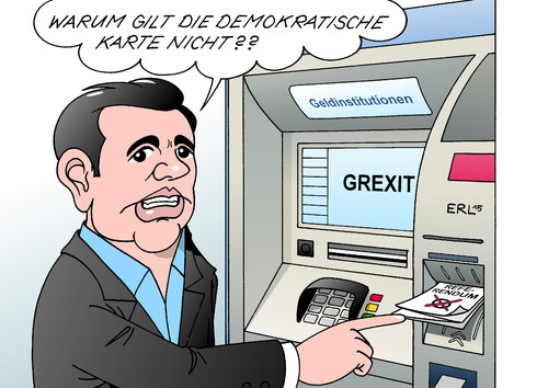 Cartoon: Demokratische Karte (medium) by Erl tagged griechenland,krise,schulden,euro,eu,ezb,iwf,hilfe,bedingung,sparkurs,reformkurs,rettung,entscheidung,referendum,geldhahn,pleite,staatspleite,staatsbankrott,geldautomat,bank,run,geldkarte,demokratie,alexis,tsipras,karikatur,erl,griechenland,krise,schulden,euro,eu,ezb,iwf,hilfe,bedingung,sparkurs,reformkurs,rettung,entscheidung,referendum,geldhahn,pleite,staatspleite,staatsbankrott,geldautomat,bank,run,geldkarte,demokratie,alexis,tsipras