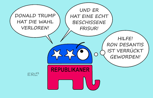 Cartoon: DeSantis (medium) by Erl tagged politik,usa,präsidentschaftswahl,kandidaten,republikaner,donald,trump,verschwörungstheorie,wahlbetrug,widerspruch,konkurrent,ron,desantis,gouverneur,florida,elefant,frisur,karikatur,erl,politik,usa,präsidentschaftswahl,kandidaten,republikaner,donald,trump,verschwörungstheorie,wahlbetrug,widerspruch,konkurrent,ron,desantis,gouverneur,florida,elefant,frisur,karikatur,erl