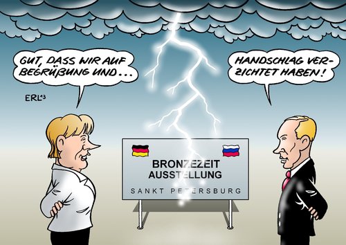 Cartoon: deutsch-russisches Klima II (medium) by Erl tagged deutschland,russland,verhältnis,beziehungen,anspannung,problem,ausstellung,beutekunst,sankt,petersburg,rede,begrüßung,handschlag,verzicht,bundeskanzlerin,angela,merkel,präsident,wladimir,putin,gewitter,blitz,unwetter,wetter,klima,bronzezeit,deutschland,russland,verhältnis,beziehungen,anspannung,problem,ausstellung,beutekunst,sankt,petersburg,rede,begrüßung,handschlag,verzicht,bundeskanzlerin,angela,merkel,präsident,wladimir,putin,gewitter,blitz,unwetter,wetter,klima,bronzezeit