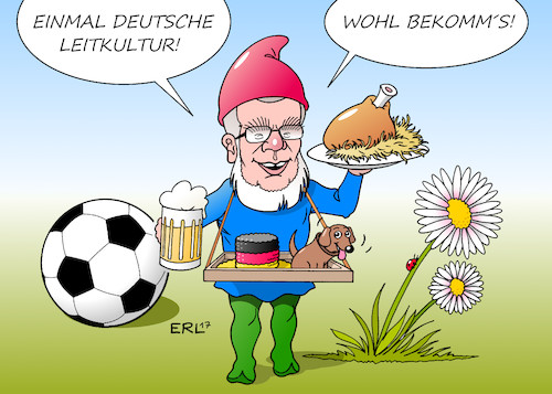 Cartoon: Deutsche Leitkultur (medium) by Erl tagged innenminister,thomas,de,maiziere,vorschlag,entwurf,deutsche,leitkultur,richtlinie,zuwanderer,deutschland,werbung,wähler,konservativ,gartenzwerg,eisbein,schweinshaxe,sauerkraut,bier,fußball,umhäkelte,klopapierrolle,wackeldackel,gänseblümchen,karikatur,erl,innenminister,thomas,de,maiziere,vorschlag,entwurf,deutsche,leitkultur,richtlinie,zuwanderer,deutschland,werbung,wähler,konservativ,gartenzwerg,eisbein,schweinshaxe,sauerkraut,bier,fußball,umhäkelte,klopapierrolle,wackeldackel,gänseblümchen,karikatur,erl