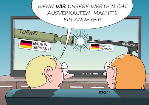 Cartoon: Deutsche Waffen (medium) by Erl tagged deutschland,waffenexport,waffen,export,rekord,krisengebiete,kurden,verbündete,anti,is,türkei,nato,partner,angriff,einmarsch,syrien,ypg,kampf,made,in,germany,werte,ausverkauf,moral,ethik,krieg,frieden,handel,geld,menschen,leben,karikatur,erl,deutschland,waffenexport,waffen,export,rekord,krisengebiete,kurden,verbündete,anti,is,türkei,nato,partner,angriff,einmarsch,syrien,ypg,kampf,made,in,germany,werte,ausverkauf,moral,ethik,krieg,frieden,handel,geld,menschen,leben,karikatur,erl