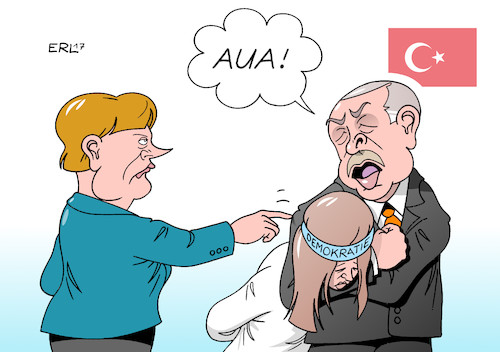 Cartoon: Deutschland Türkei (medium) by Erl tagged türkei,präsident,erdogan,präsidialsystem,abbau,demokratie,menschenrechte,meinungsfreiheit,pressefreiheit,wahlkampf,auftritt,minister,deutschland,absage,sicherheit,verstimmung,beziehung,verschlechterung,ton,schärfe,bundeskanzlerin,angela,merkel,karikatur,erl,türkei,präsident,erdogan,präsidialsystem,abbau,demokratie,menschenrechte,meinungsfreiheit,pressefreiheit,wahlkampf,auftritt,minister,deutschland,absage,sicherheit,verstimmung,beziehung,verschlechterung,ton,schärfe,bundeskanzlerin,angela,merkel,karikatur,erl