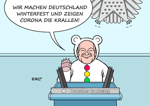 Cartoon: Deutschland winterfest (medium) by Erl tagged politik,corona,virus,pandemie,covid19,regierung,übergang,groko,ampel,rot,gelb,grün,spd,fdp,grüne,vizekanzler,kanzlerkandidat,olaf,scholz,rede,bundestag,deutschland,winterfest,eibär,krallen,bundesadler,karikatur,erl,politik,corona,virus,pandemie,covid19,regierung,übergang,groko,ampel,rot,gelb,grün,spd,fdp,grüne,vizekanzler,kanzlerkandidat,olaf,scholz,rede,bundestag,deutschland,winterfest,eibär,krallen,bundesadler,karikatur,erl