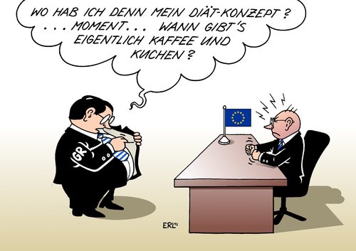 Cartoon: Diät-Konzept (medium) by Erl tagged griechenland,schulden,krise,sparkurs,sparen,einsparungen,geld,euro,eu,kommission,iwf,ezb,kontrolle,sparpaket,diät,konzept,übergewicht,kaffee,kuchen,griechenland,schulden,sparkurs,krise,einsparungen,euro,geld,eu,kommission,iwf,ezb,kontrolle