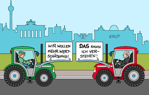 Cartoon: Dialog mit Bauern (medium) by Erl tagged politik,bundesregierung,ampel,haushalt,urteil,karlsruhe,schuldenbremse,haushaltsloch,sparen,kürzung,agrardiesel,bauern,proteste,dialog,bundeskanzler,olaf,scholz,traktor,transparent,wertschätzung,karikatur,erl,politik,bundesregierung,ampel,haushalt,urteil,karlsruhe,schuldenbremse,haushaltsloch,sparen,kürzung,agrardiesel,bauern,proteste,dialog,bundeskanzler,olaf,scholz,traktor,transparent,wertschätzung,karikatur,erl