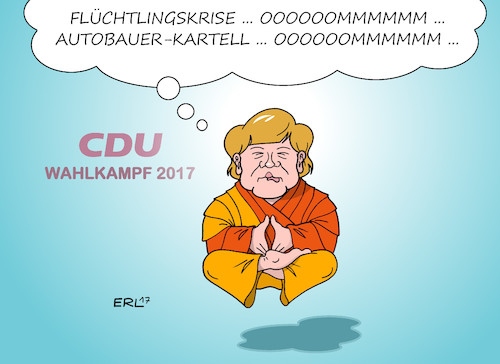 Cartoon: Die Erleuchtete (medium) by Erl tagged bundeskanzlerin,angela,merkel,bundestagswahl,2017,wahlkampf,ruhe,gelassenheit,einschläfern,demobilisierung,inhalt,leere,person,erleuchtet,buddhismus,meditation,mantra,om,thema,flüchtlinge,flüchtlingskrise,autobauer,kartell,absprachen,diesel,affäre,manipulation,betrug,karikatur,erl,bundeskanzlerin,angela,merkel,bundestagswahl,2017,wahlkampf,ruhe,gelassenheit,einschläfern,demobilisierung,inhalt,leere,person,erleuchtet,buddhismus,meditation,mantra,om,thema,flüchtlinge,flüchtlingskrise,autobauer,kartell,absprachen,diesel,affäre,manipulation,betrug,karikatur,erl