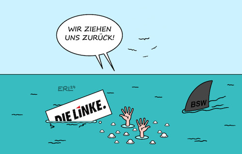 Cartoon: Die Linke (medium) by Erl tagged politik,partei,die,linke,abspaltung,bündnis,sahra,wagenknecht,bsw,niedergang,rückzug,vorsitzende,janine,wissler,martin,schirdewan,meer,untergang,hai,karikatur,erl,politik,partei,die,linke,abspaltung,bündnis,sahra,wagenknecht,bsw,niedergang,rückzug,vorsitzende,janine,wissler,martin,schirdewan,meer,untergang,hai,karikatur,erl