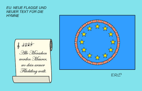 Cartoon: Die neue EU (medium) by Erl tagged politik,eu,asylrecht,reform,asylpolitik,abschreckung,asylverfahren,außengrenzen,drittstaaten,internierung,haftähnliche,bedingungen,familien,frauen,kinder,flüchtlinge,mauer,maurer,flagge,hymne,werte,europa,karikatur,erl,politik,eu,asylrecht,reform,asylpolitik,abschreckung,asylverfahren,außengrenzen,drittstaaten,internierung,haftähnliche,bedingungen,familien,frauen,kinder,flüchtlinge,mauer,maurer,flagge,hymne,werte,europa,karikatur,erl