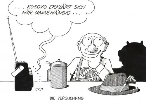 Cartoon: Die Versuchung (medium) by Erl tagged kosovo,serbia,bavaria,germany,separation,independence,,kosovo,serbia,bavaria,germany,separation,independence,unabhängig,neustaat,radio,beer,hut,lederhosen,bierkrug,nachdenken,teufel,versuchung,bayern,nachahmen,nachmachen,überlegen,abkapseln,eigenständig,deutschland,bundesstaat,csu,serbien,wahlen