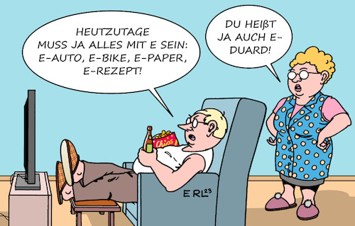 Cartoon: Digitalisierung (medium) by Erl tagged politik,apotheke,einführung,elektronisches,rezept,auto,emobilität,bike,fahrrad,paper,zeitung,fernsehen,eduard,karikatur,erl,politik,apotheke,einführung,elektronisches,rezept,auto,emobilität,bike,fahrrad,paper,zeitung,fernsehen,eduard,karikatur,erl