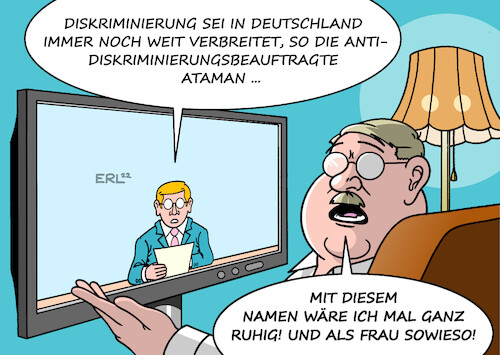 Cartoon: Diskriminierung (medium) by Erl tagged politik,deutschland,diskriminierung,herkunft,geschlecht,sexuelle,orientierung,hautfarbe,behinderung,antidiskriminierungsbeauftragte,ferda,ataman,bericht,vorurteile,rassismus,sexiymus,xenophobie,frau,karikatur,erl,politik,deutschland,diskriminierung,herkunft,geschlecht,sexuelle,orientierung,hautfarbe,behinderung,antidiskriminierungsbeauftragte,ferda,ataman,bericht,vorurteile,rassismus,sexiymus,xenophobie,frau,karikatur,erl