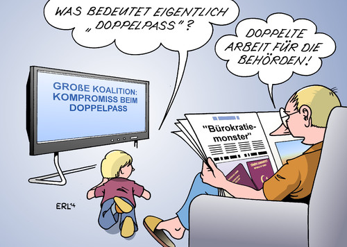 Cartoon: Doppelpass (medium) by Erl tagged doppelpass,staatsbürgerschaft,pass,deutschland,migration,bedingung,arbeit,schule,aufenthalt,behörden,doppelpass,staatsbürgerschaft,pass,deutschland,migration,bedingung,arbeit,schule,aufenthalt,behörden