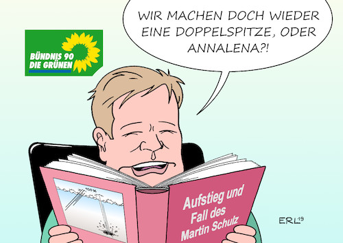 Cartoon: Doppelspitze (medium) by Erl tagged politik,partei,die,grünen,grüne,umfragewerte,umfragehoch,boom,frage,kanzlerkandidatin,kanzlerkandidat,robert,habeck,annalena,baerbock,beispiel,warnung,martin,schulz,spd,hype,aufstieg,fall,umweltschutz,ökologie,klimawandel,klimapolitik,sonnenblume,karikatur,erl,politik,partei,die,grünen,grüne,umfragewerte,umfragehoch,boom,frage,kanzlerkandidatin,kanzlerkandidat,robert,habeck,annalena,baerbock,beispiel,warnung,martin,schulz,spd,hype,aufstieg,fall,umweltschutz,ökologie,klimawandel,klimapolitik,sonnenblume,karikatur,erl