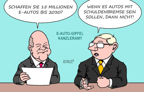 Cartoon: E-Autos (medium) by Erl tagged politik,ampel,spd,grüne,fdp,haushalt,umgehung,schuldenbremse,verfassungswidrig,urteil,karlsruhe,milliardenloch,gefährdung,projekte,wirtschaft,industrie,autoindustrie,mobilität,auto,elektroauto,anteil,ziel,autogipfel,kanzleramt,bundeskanzler,olaf,scholz,autobranche,karikatur,erl,politik,ampel,spd,grüne,fdp,haushalt,umgehung,schuldenbremse,verfassungswidrig,urteil,karlsruhe,milliardenloch,gefährdung,projekte,wirtschaft,industrie,autoindustrie,mobilität,auto,elektroauto,anteil,ziel,autogipfel,kanzleramt,bundeskanzler,olaf,scholz,autobranche,karikatur,erl