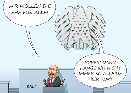 Cartoon: Ehe für alle (medium) by Erl tagged ehe,für,alle,homoehe,gleichgeschlechtlich,paar,homosexualität,heiraten,rechte,pflichten,mehrheit,spd,kanzlerkandidat,martin,schulz,forderung,abstimmung,bundestag,bundeskanzlerin,angela,merkel,position,wende,gewissen,entscheidung,aufhebung,fraktionszwang,bundesadler,karikatur,erl,ehe,für,alle,homoehe,gleichgeschlechtlich,paar,homosexualität,heiraten,rechte,pflichten,mehrheit,spd,kanzlerkandidat,martin,schulz,forderung,abstimmung,bundestag,bundeskanzlerin,angela,merkel,position,wende,gewissen,entscheidung,aufhebung,fraktionszwang,bundesadler,karikatur,erl