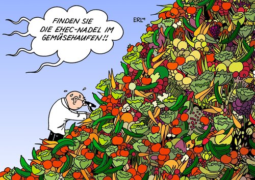 Cartoon: EHEC-Suche (medium) by Erl tagged ehec,bakterium,keim,darm,krankheit,tod,quelle,ursprung,suche,stecknadel,heuhaufen,gemüse,salat,gurken,rüben,tomaten,arzt,mikroskop,ehec,bakterium,keim,darm,krankheit,tod,quelle,ursprung,stecknadel,heuhaufen