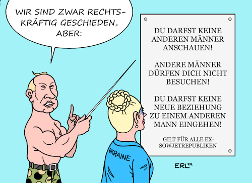 Cartoon: Eifersucht (medium) by Erl tagged politik,russland,präsident,putin,zerfall,sowjetunion,schmerz,trennung,besitzansprüche,aggression,ukraine,ex,sowjetrepublik,scheidung,eifersucht,macho,karikatur,erl,politik,russland,präsident,putin,zerfall,sowjetunion,schmerz,trennung,besitzansprüche,aggression,ukraine,ex,sowjetrepublik,scheidung,eifersucht,macho,karikatur,erl