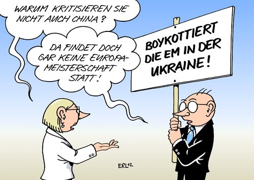 Cartoon: EM-Boykott (medium) by Erl tagged fußball,europameisterschaft,polen,ukraine,kritik,haft,julija,tymoschenko,timoschenko,justiz,rache,präsident,janukowitsch,gefängnis,menschenrechte,verletzung,protest,boykott,china,fußball,europameisterschaft,ukraine,tymoschenko,justiz,präsident,em 2012,em,2012