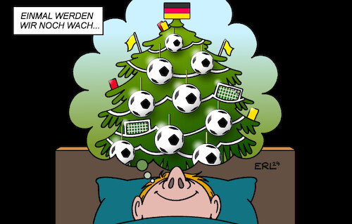 Cartoon: EM-Vorfreude (medium) by Erl tagged politik,sport,fußball,europameisterschaft,em,deutschland,2024,vorfreude,weihnachten,weinachtsbaum,fußbälle,tore,gelbe,rote,karten,schlafen,träumen,aufwachen,karikatur,erl,politik,sport,fußball,europameisterschaft,em,deutschland,2024,vorfreude,weihnachten,weinachtsbaum,fußbälle,tore,gelbe,rote,karten,schlafen,träumen,aufwachen,karikatur,erl