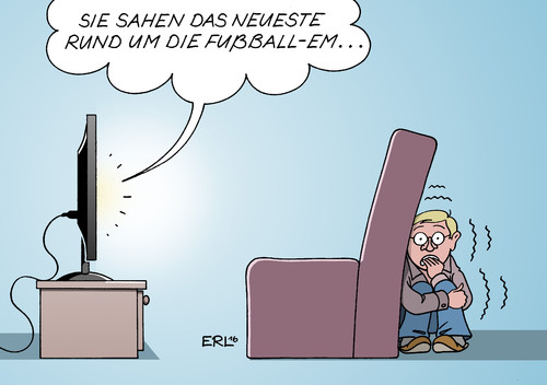 Cartoon: EM Neuigkeiten (medium) by Erl tagged fußball,em,2016,europameisterschaft,frankreich,terror,terrorismus,hooligans,gewalt,angst,fernsehen,zuschauer,karikatur,erl,fußball,em,2016,europameisterschaft,frankreich,terror,terrorismus,hooligans,gewalt,angst,fernsehen,zuschauer,karikatur,erl