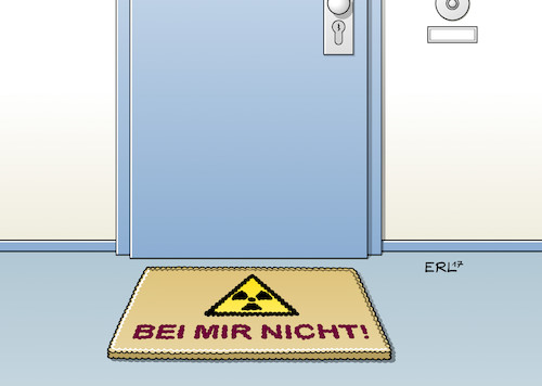 Cartoon: Endlagersuche (medium) by Erl tagged atomkraft,atomenergie,atomkraftwerk,atommüll,strahlung,radioaktivität,endlager,sicherheit,millionen,jahre,nachbarschaft,ablehnung,suche,endlagersuche,gesetz,haustür,wohnungstür,fußmatte,karikatur,erl,atomkraft,atomenergie,atomkraftwerk,atommüll,strahlung,radioaktivität,endlager,sicherheit,millionen,jahre,nachbarschaft,ablehnung,suche,endlagersuche,gesetz,haustür,wohnungstür,fußmatte,karikatur,erl