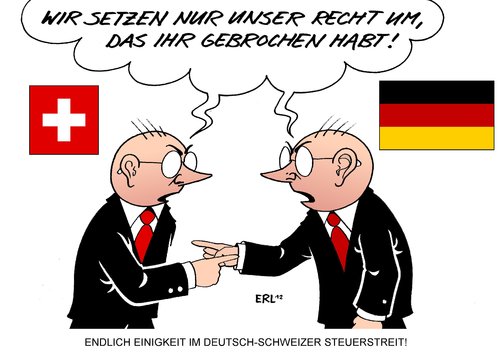 Cartoon: Endlich Einigkeit (medium) by Erl tagged schweiz,deutschland,streit,steuer,steuergeld,steuerhinterziehung,schweizer,banken,cd,daten,ankauf,finanzamt,steuerfahnder,nrw,nordrhein,westfalen,haftbefehl,einigkeit,recht,umsetzung,deutschland,streit,steuer,steuerhinterziehung,schweizer banken,ankauf,schweiz,schweizer,banken