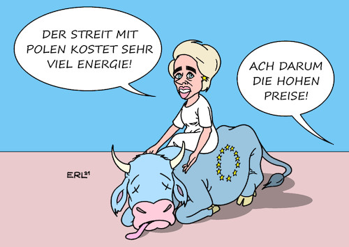 Cartoon: Energiepreise (medium) by Erl tagged politik,eu,gipfel,energie,preis,energiepreise,streit,polen,rechtsstaatlichkeit,justiz,ursula,von,der,leyen,europa,stier,karikatur,erl,politik,eu,gipfel,energie,preis,energiepreise,streit,polen,rechtsstaatlichkeit,justiz,ursula,von,der,leyen,europa,stier,karikatur,erl