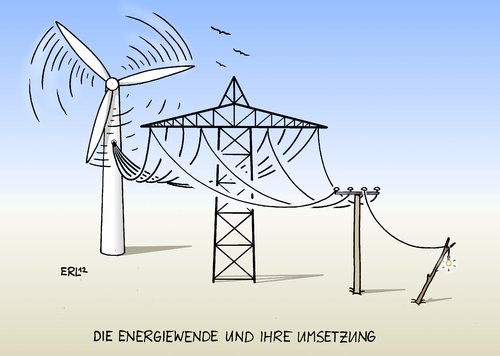 Cartoon: Energiewende (medium) by Erl tagged energiewende,erneuerbar,energie,windkraft,solarenergie,wasserkraft,atomkraft,fukushima,gau,supergau,bundeskanzlerin,angela,merkel,gipfel,netzausbau,strom,strommasten,stromleitung,glühbirne,umsetzung,elektrizität,energiewende,energie,windkraft,wasserkraft,atomkraft,fukushima,gau,supergau