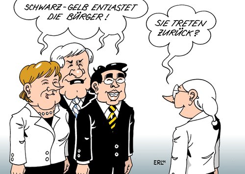 Cartoon: Entlastung (medium) by Erl tagged regierung,koalition,schwarz,gelb,cdu,csu,fdp,steuerentlastung,beschlüsse,beliebtheit,gering,bürger,rücktritt,merkel,seehofer,rösler,regierung,schwarz,gelb,csu,fdp,steuerentlastung,beschlüsse,beliebtheit,gering,bürger,rücktritt,seehofer,merkel