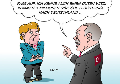 Cartoon: Erdogan kann auch witzig sein (medium) by Erl tagged türkei,präsident,erdogan,pressefreiheit,zeitung,medien,unterdrückung,einflussnahme,verhaftung,journalisten,beschwerde,botschafter,deutschland,satire,ndr,abkommen,eu,flüchtlinge,syrien,aufnahme,bundeskanzlerin,angela,merkel,karikatur,erl,türkei,präsident,erdogan,pressefreiheit,zeitung,medien,unterdrückung,einflussnahme,verhaftung,journalisten,beschwerde,botschafter,deutschland,satire,ndr,abkommen,eu,flüchtlinge,syrien,aufnahme,bundeskanzlerin,angela,merkel,karikatur,erl