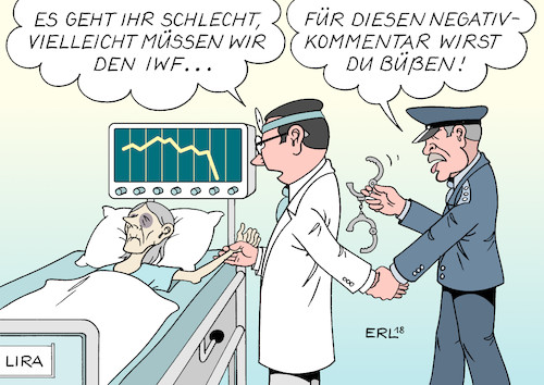 Cartoon: Erdogans Wirtschaftspolitik (medium) by Erl tagged politik,wirtschaft,finanzen,türkei,absturz,lira,währung,inflation,leitzins,präsident,erdogan,wirtschaftspolitik,bestrafung,kommentare,negativ,soziale,medien,abschreckung,investoren,gefahr,pleite,staatspleite,zusammenarbeit,iwf,krankenhaus,arzt,polizei,polizist,karikatur,erl,politik,wirtschaft,finanzen,türkei,absturz,lira,währung,inflation,leitzins,präsident,erdogan,wirtschaftspolitik,bestrafung,kommentare,negativ,soziale,medien,abschreckung,investoren,gefahr,pleite,staatspleite,zusammenarbeit,iwf,krankenhaus,arzt,polizei,polizist,karikatur,erl