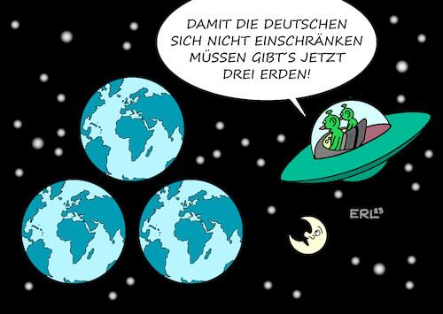 Cartoon: Erdüberlastungstag (medium) by Erl tagged politik,ökologie,umwelt,erdüberlastungstag,verbrauch,jahresverbrauch,ressourcen,deutschland,mai,lebensweise,drei,erden,einschränkungen,erde,weltall,all,mond,sterne,ufo,karikatur,erl,politik,ökologie,umwelt,erdüberlastungstag,verbrauch,jahresverbrauch,ressourcen,deutschland,mai,lebensweise,drei,erden,einschränkungen,erde,weltall,all,mond,sterne,ufo,karikatur,erl