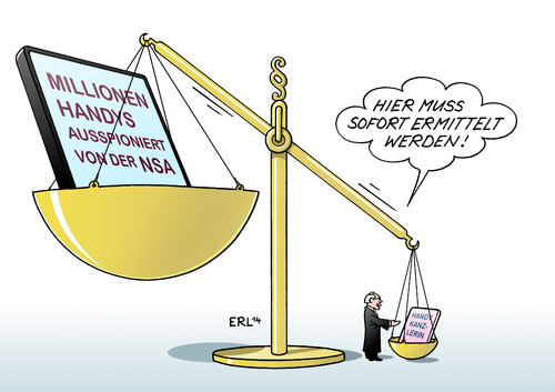 Cartoon: Ermittlungen NSA (medium) by Erl tagged usa,geheimdienst,nsa,abhöraffäre,überwachung,spionage,handy,smartphone,millionen,bundeskanzlerin,angela,merkel,aufregung,ermittlung,generalbundesanwalt,harald,range,justiz,waage,waagschale,gewicht,gerechtigkeit,politiker,bürger,usa,geheimdienst,nsa,abhöraffäre,überwachung,spionage,handy,smartphone,millionen,bundeskanzlerin,angela,merkel,aufregung,ermittlung,generalbundesanwalt,harald,range,justiz,waage,waagschale,gewicht,gerechtigkeit,politiker,bürger