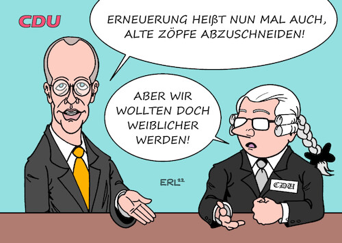 Cartoon: Erneuerung (medium) by Erl tagged politik,partei,cdu,konservativ,parteitag,vorsitzender,friedrich,merz,erneuerung,abschneiden,alte,zöpfe,moderner,jünger,weiblicher,frauenquote,karikatur,erl,politik,partei,cdu,konservativ,parteitag,vorsitzender,friedrich,merz,erneuerung,abschneiden,alte,zöpfe,moderner,jünger,weiblicher,frauenquote,karikatur,erl